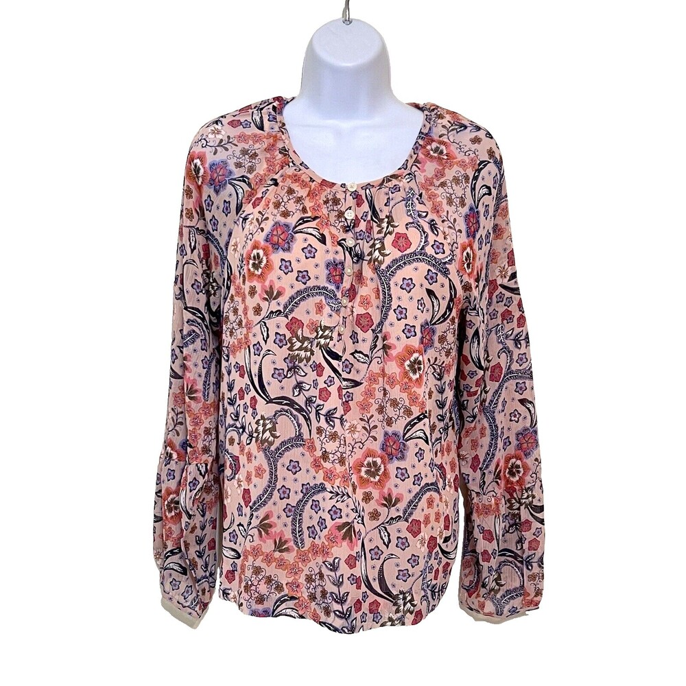 LOFT Top Blouse Womens S Pink Floral Chiffon Peasant Round Neck Long Sleeve
